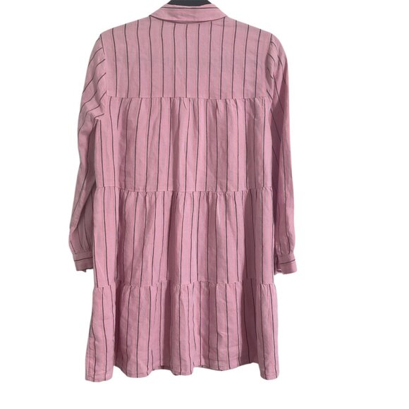 J JILL Linen Dress Tiered Striped Long Sleeves Button Down Lagenlook Pink Small - Picture 4 of 14